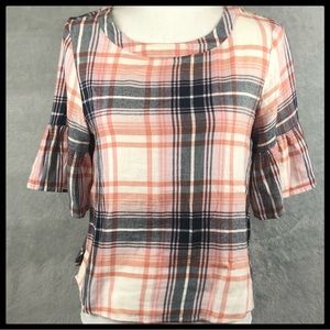 Susina pink and black plaid shirt sleeve top